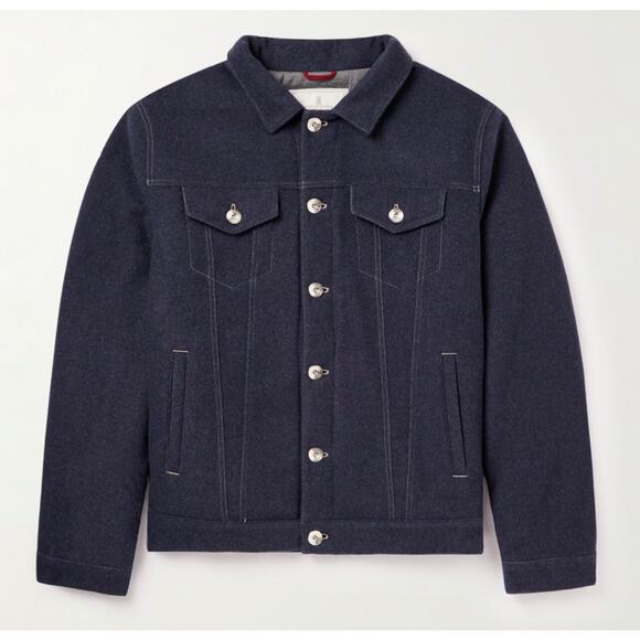 $7000 Brunello Cucinelli Padded Blue Cashmere Trucker Jacket Men Size Medium - Picture 1 of 15